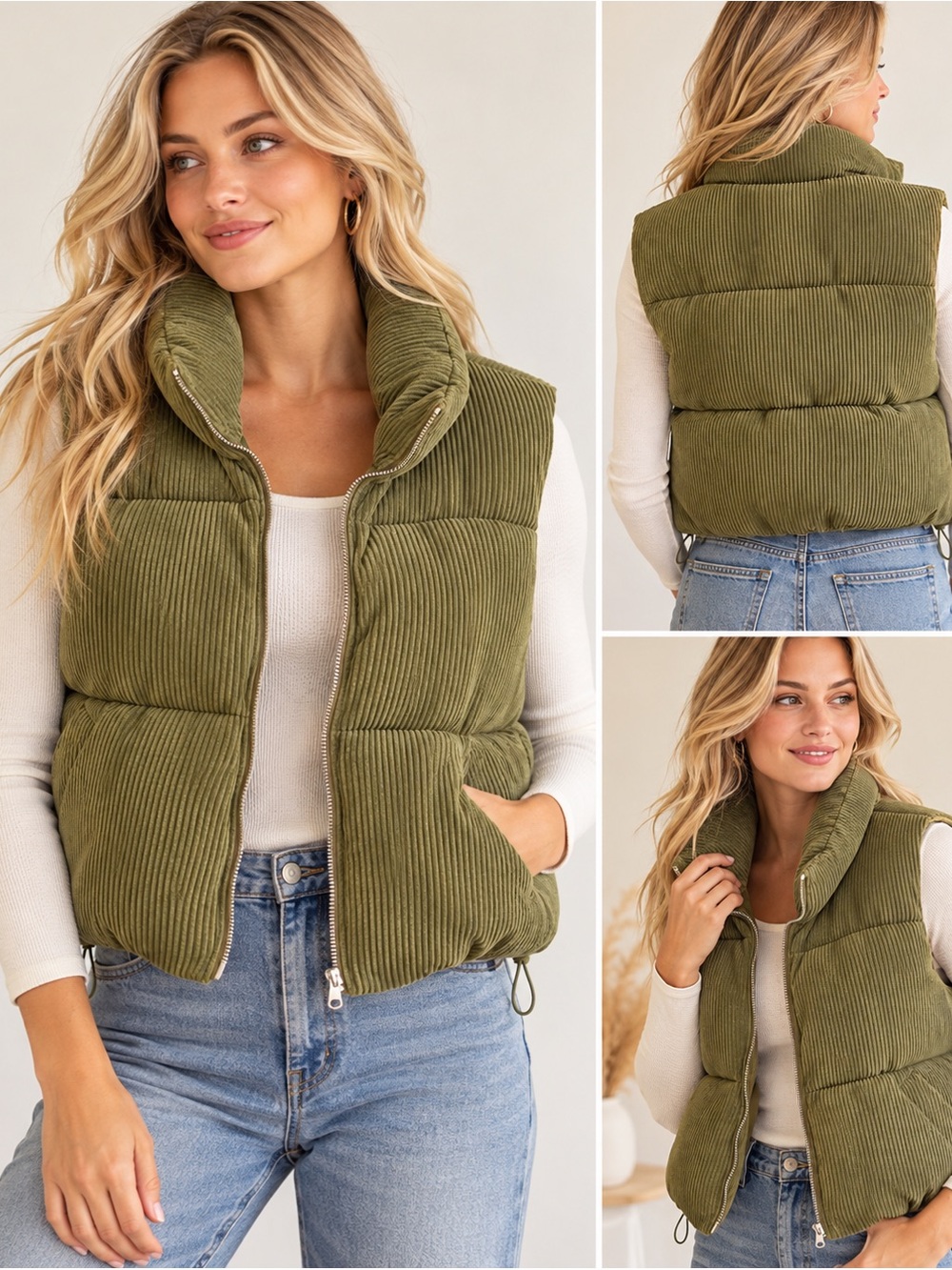 Better / Together Olive Green Corduroy Puffer Vest Size Small
